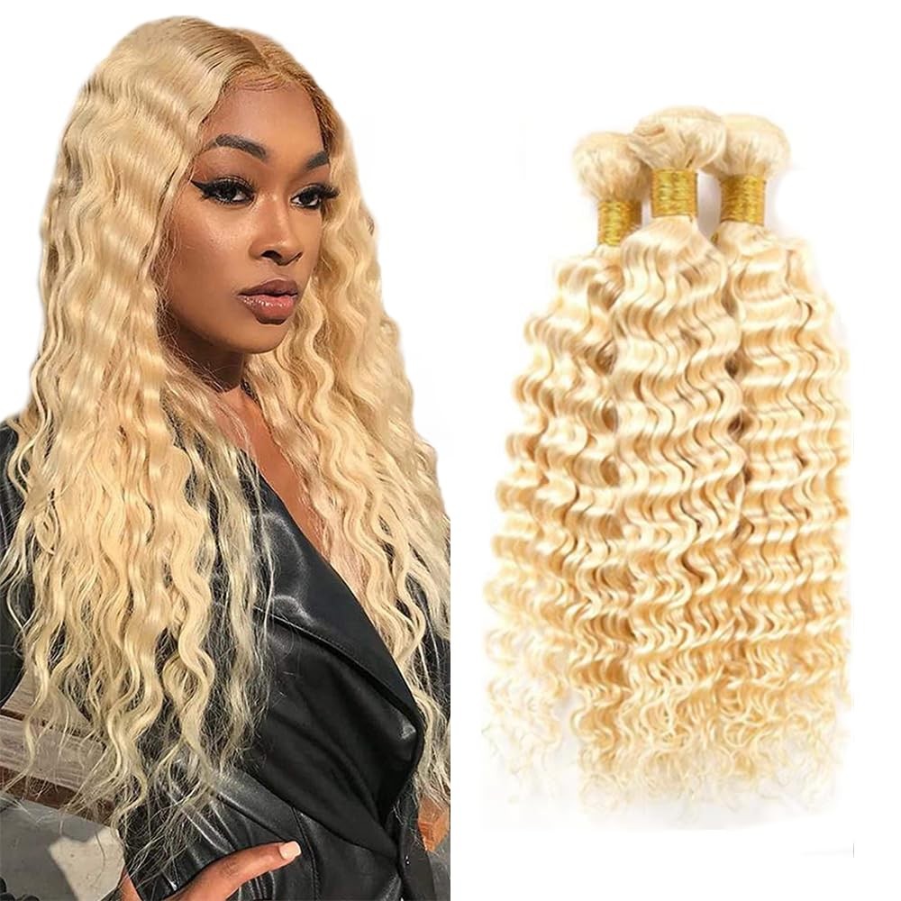 Auokmar Blonde Bundles Human Hair 613 Deep Wave Bundle 16 18 20 Inch 8A