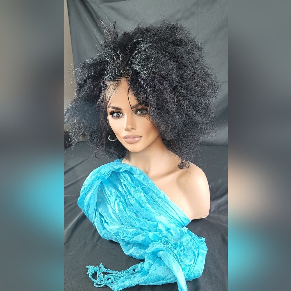 Braided Wig Short Afro Kinky Black Lace Front Glueless Baby Hair 4″ Handmade NWT