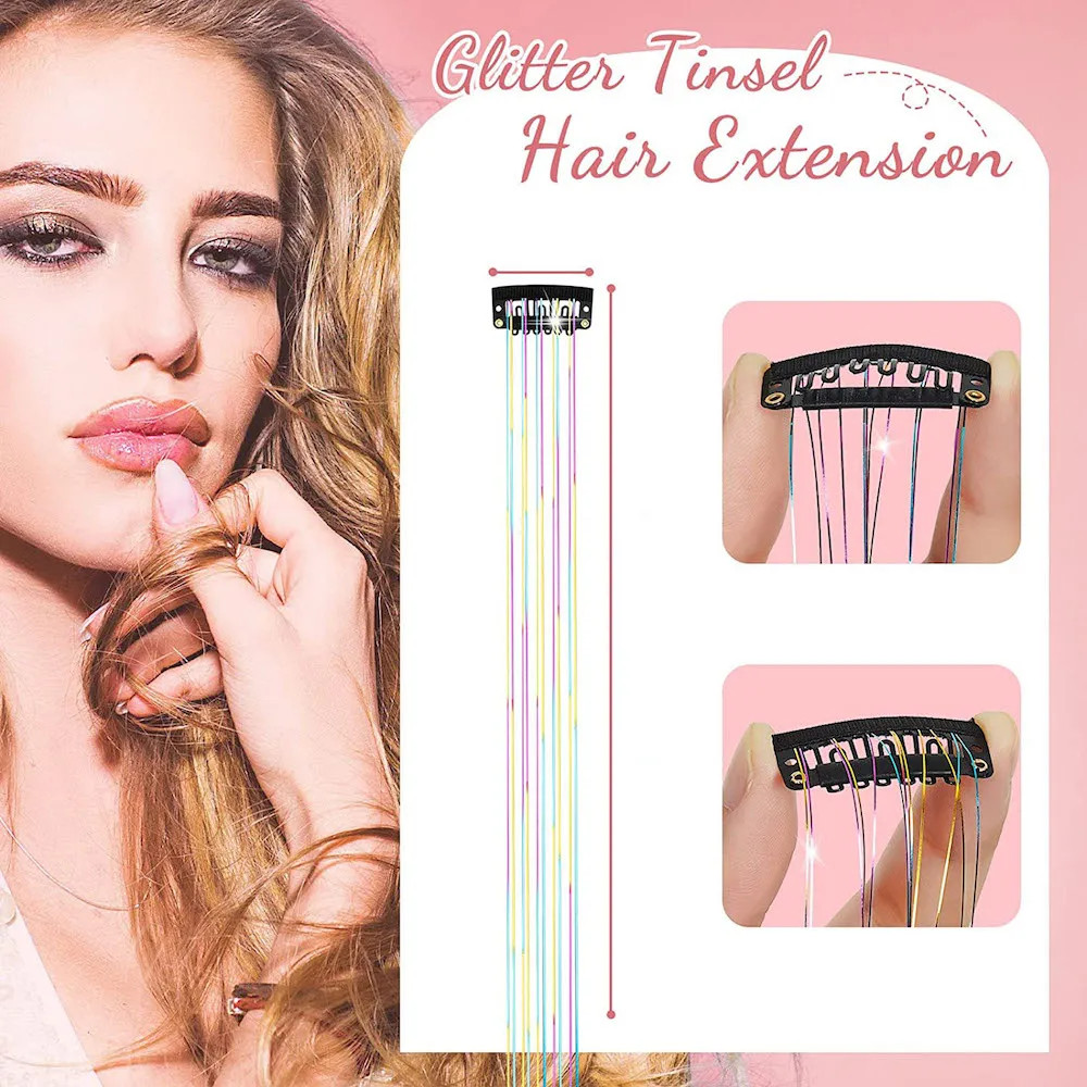 50cm Sparking Shiny Hair Tinsel Extensions Synthetic Clip In Hair Extensions