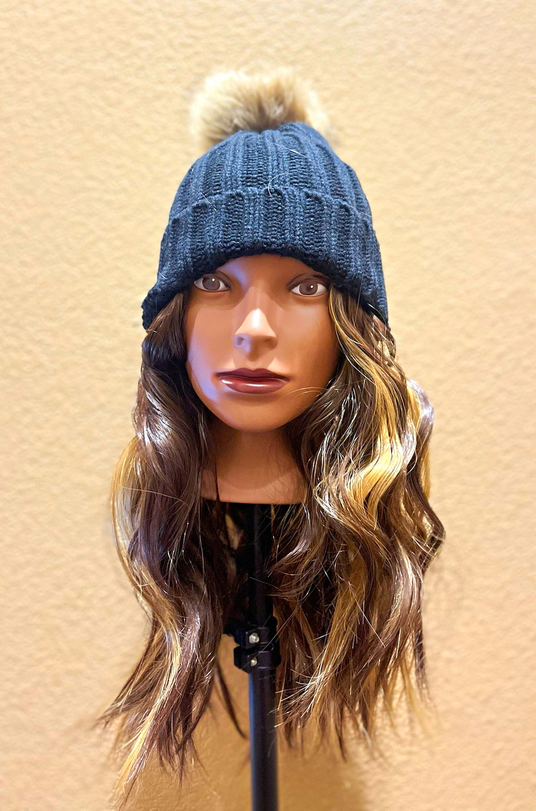 Dark Brown Highlighted Wavy Synthetic Beanie Wig | Detachable Faux Fur Pom Pom