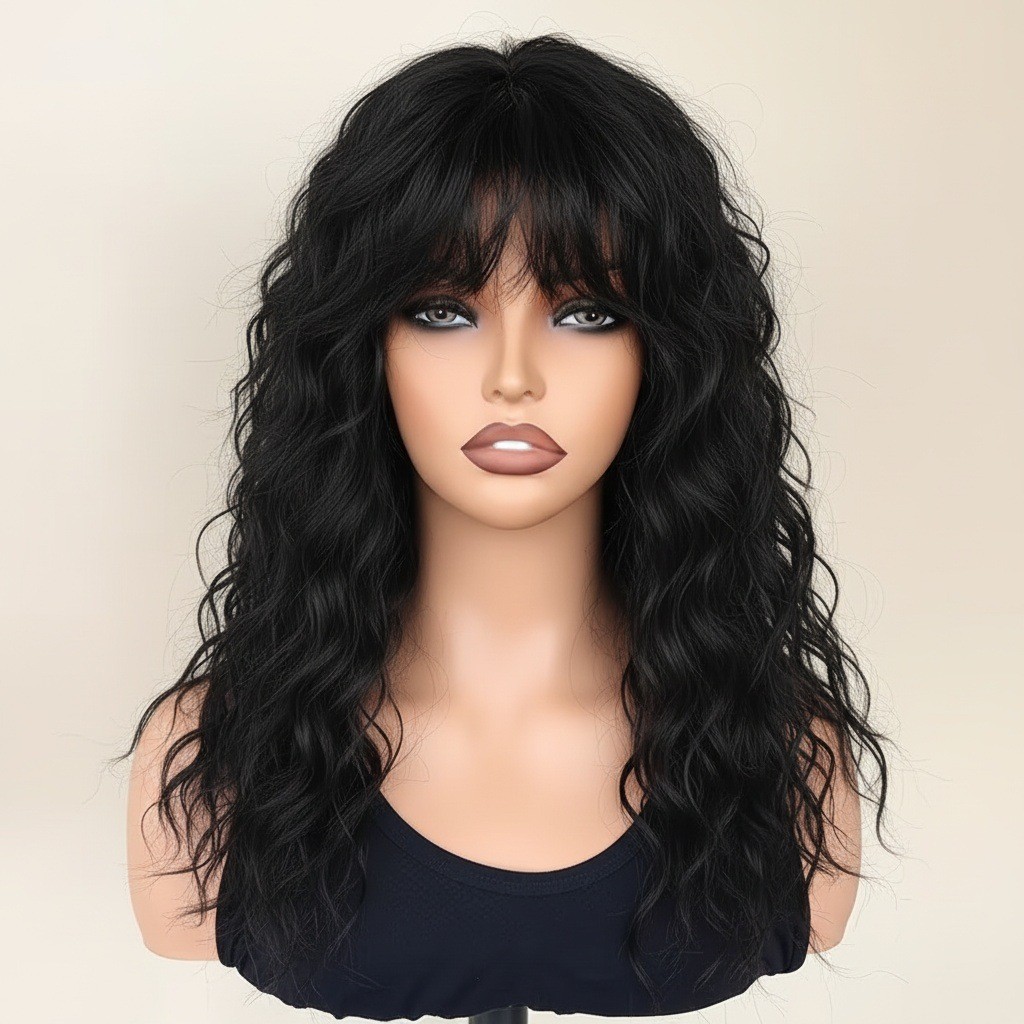 Women’s Gray White Fluffy Water Wave Long Curly Wig Heat Resistant Synthetic