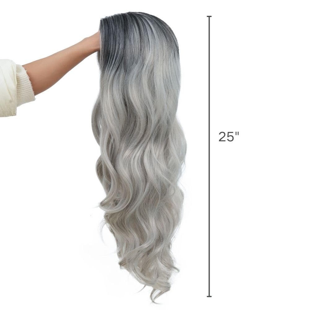 Long Grey Curly Wig for Women Ombre Gray Wavy Synthetic Wig for Daily Party H…