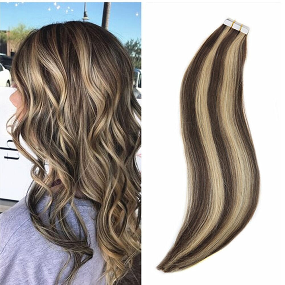 Tape in Human Hair Extensions Skin Wefts Premium Remy Hair Highlight BlondeWomen
