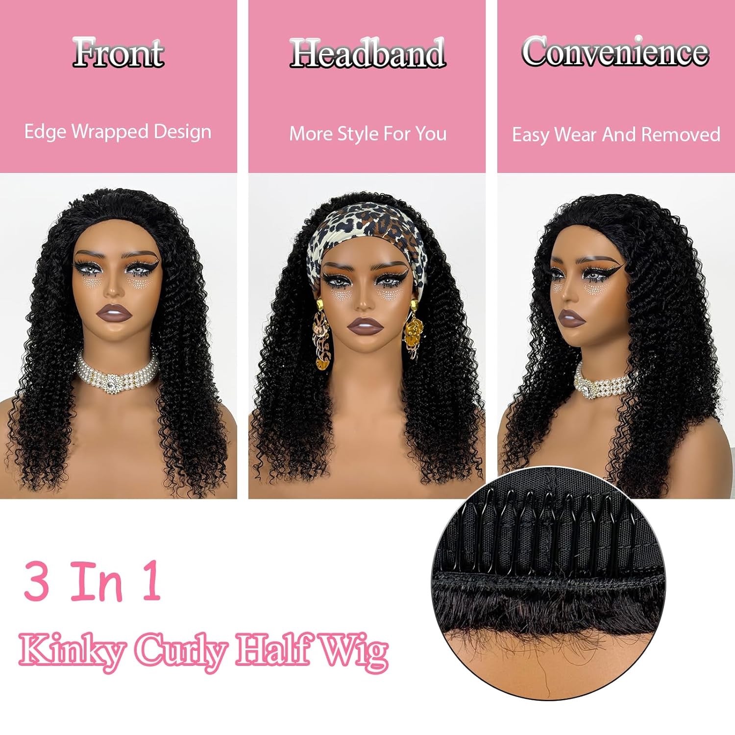 Kinky Curly Half Wig Human Hair Upgrade 3 In 1 Half Wig With Drawstring No Lace