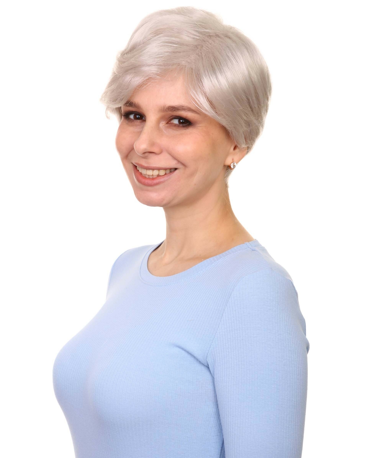 Shelley – Straight Kanekalon Synthetic Fiber Full Wig, 1.5 -5.5 in, Silver Grey