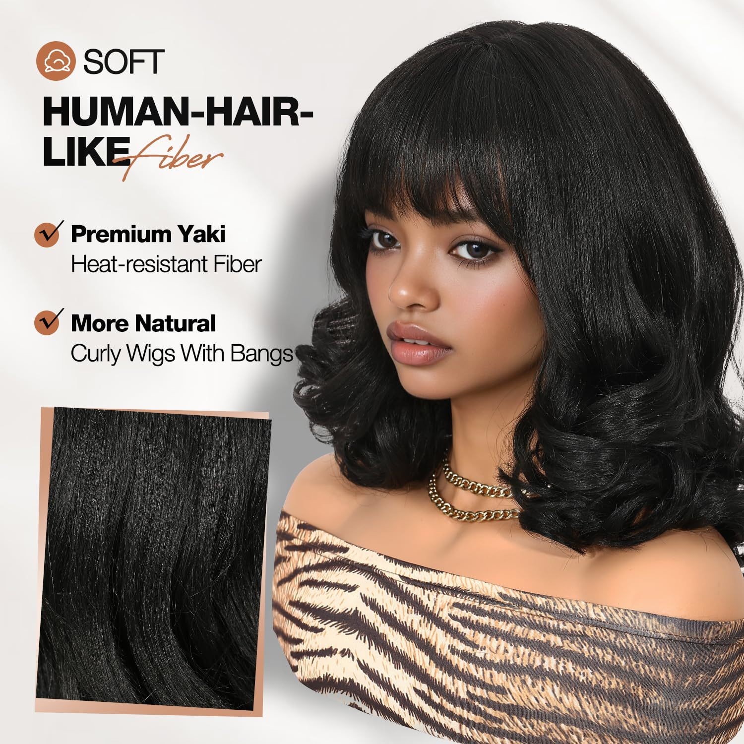 Yaki Short Curly Bob Wig With Bangs Water Wave Heat Resistant Fiber Full