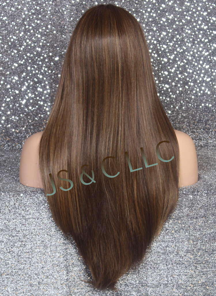 Heat ok Human Hair Blend Monotop Full LACE FRONT WIG Long Straigt Brown mix JSLY