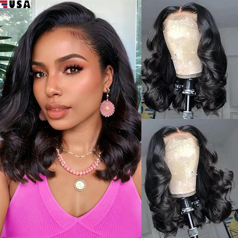 14″ Lace Front Bob Wig Black Natural Hair Body Wave Women Pre Plucked Wigs USA