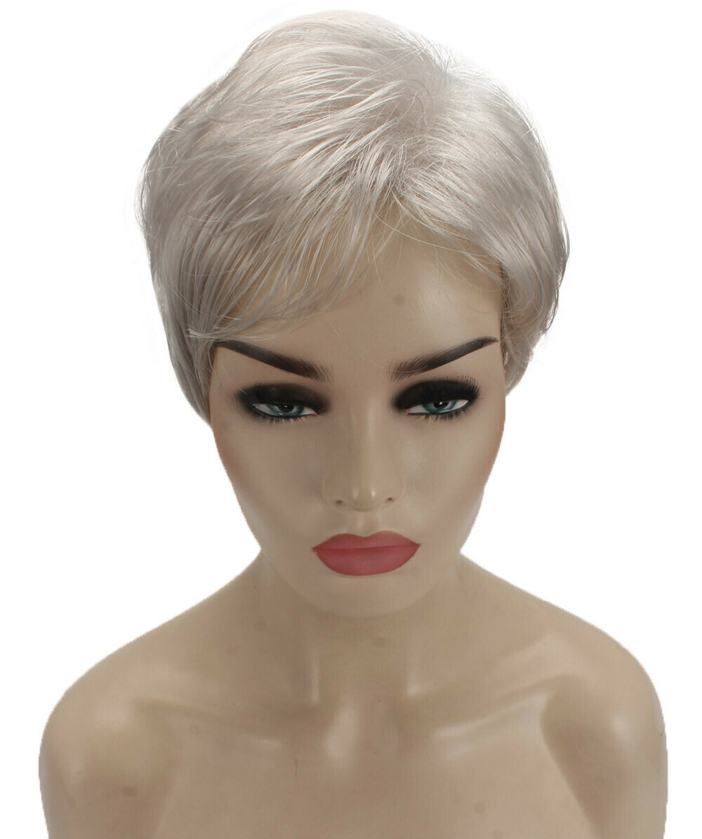 Shelley – Straight Kanekalon Synthetic Fiber Full Wig, 1.5 -5.5 in, Silver Grey