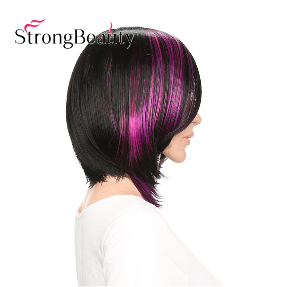 Women’s Short Black Purple Side Bang Straight Highlighted Bob Synthetic Wigs