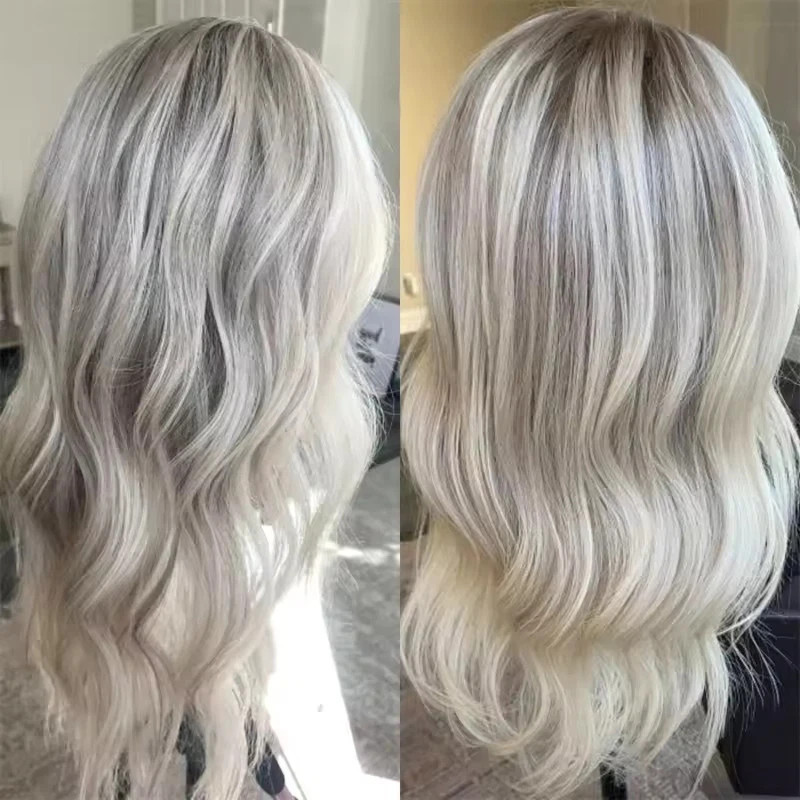 Ombre Platinum Blonde Ash Brown Highlight Human Hair Lace Front Wig 200% Density