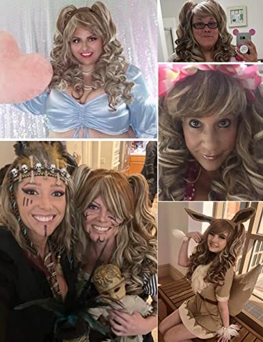Long Curly Multi-Color Cosplay Wig with 2 PonytailsBrown with Blonde