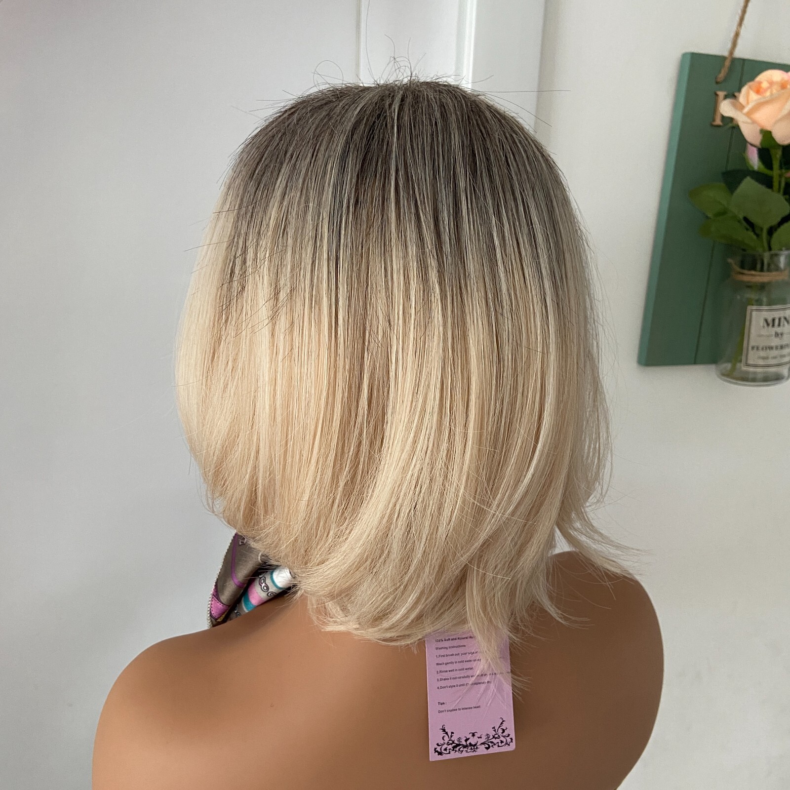 Short Bob Rooted Blonde Mix Synthetic Hair Wigs Women Soft Natural Daily Use