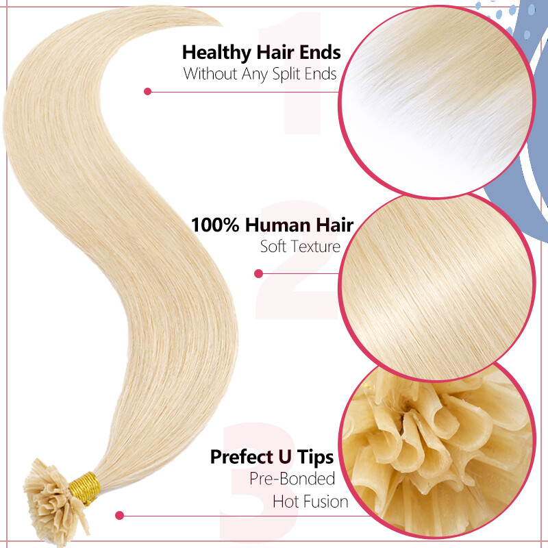 300Strands Nail U Tip Pre-Bonded Real Remy Human Hair Extensions Thick Russian