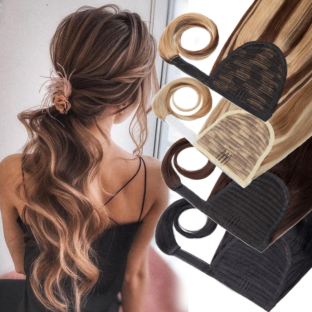 US Real Clip In Pony tail 100% Remy Human Thick Wrap On Ponytail Hair Extensions