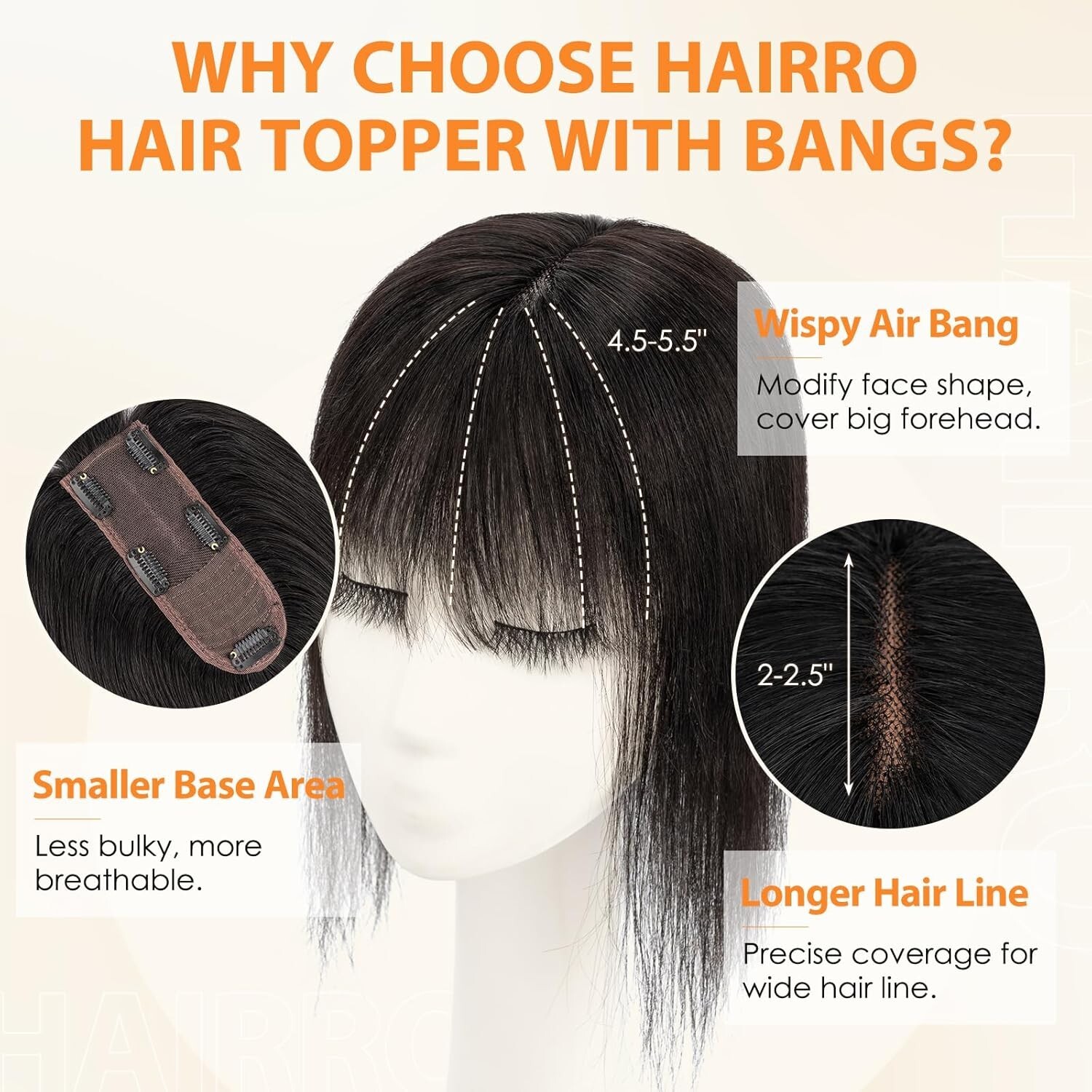 Hairro Human Hair Topper Wispy Air Bangs 3D Cover 12 Inch 41g #1B Natural Black