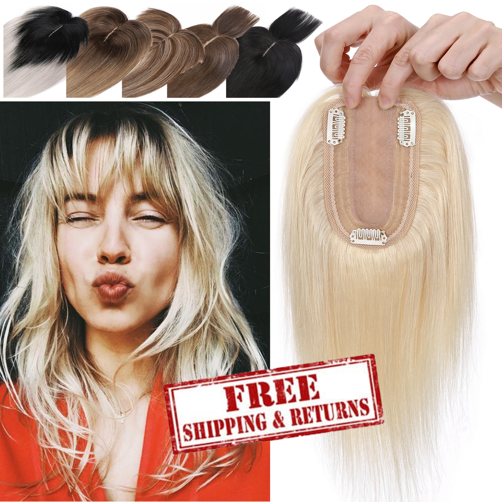 150% Remy Human Hair Toupee Topper Hairpiece Top Wig With Bangs For Loss Hair US