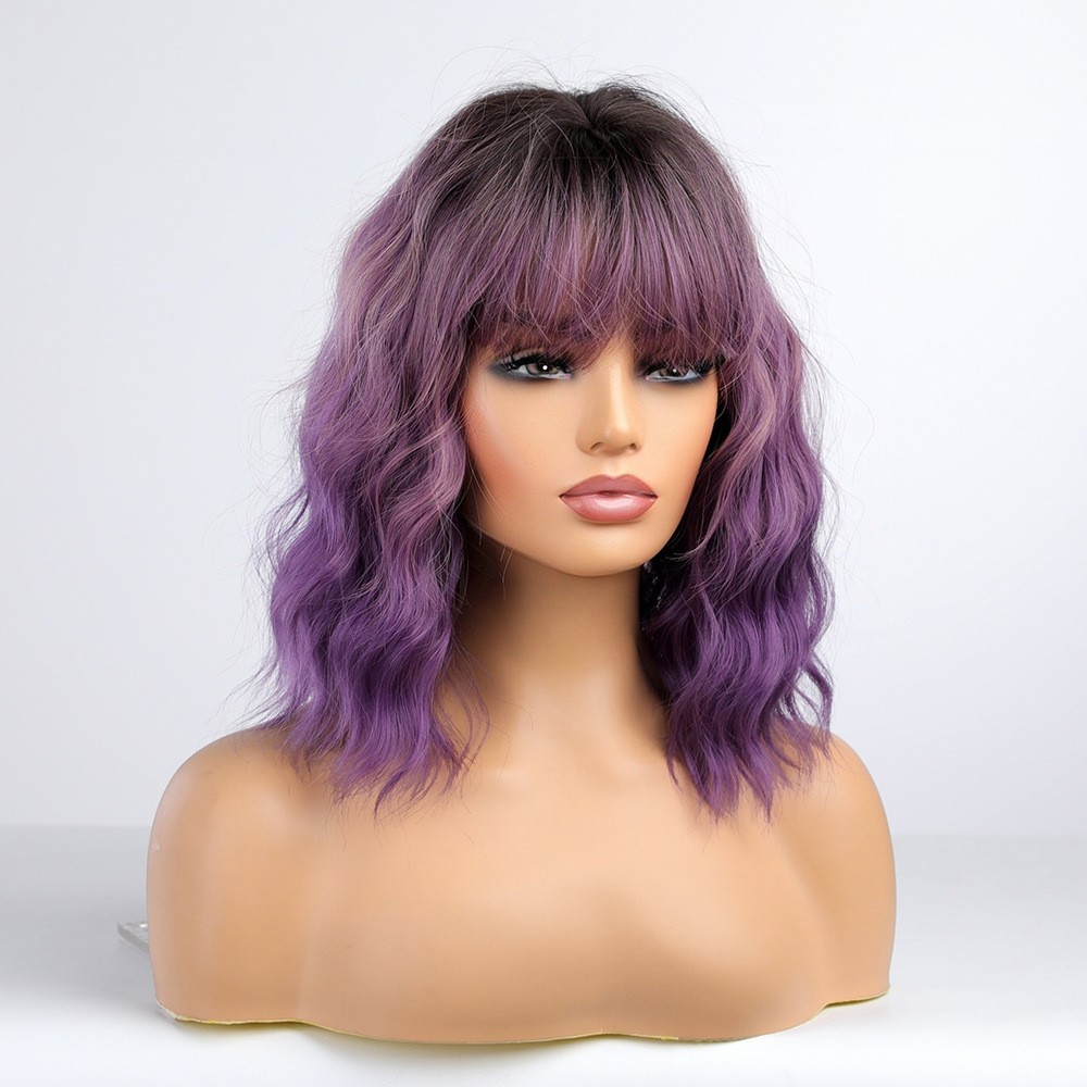 Ombre Purple Wig with Bangs Purple Bob Wavy Wig Synthetic Wigs for Women Party