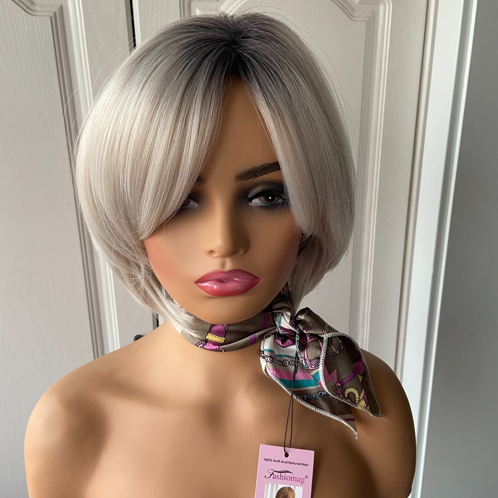 Short Bob Hairstyle Rooted Silver Gray Mix Synthetic Hair Wigs Women Soft