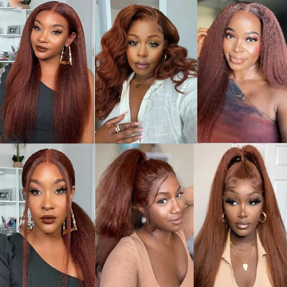 Color 33 Auburn Yaki Straight Bundles Human Hair Reddish Brown Kinky Straight