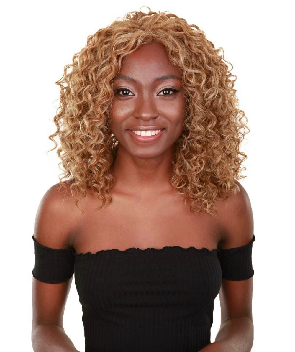 LUXLUXE Ada Curly 17.5 Inch Long 13×2.5 Hand-Tied Lace Front Wig, Blonde Blend