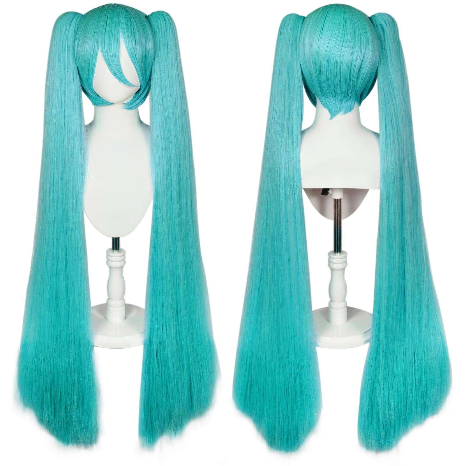 47 Inch Long Green Wig with Bangs for Women with Two Detachable Ponytails + W…