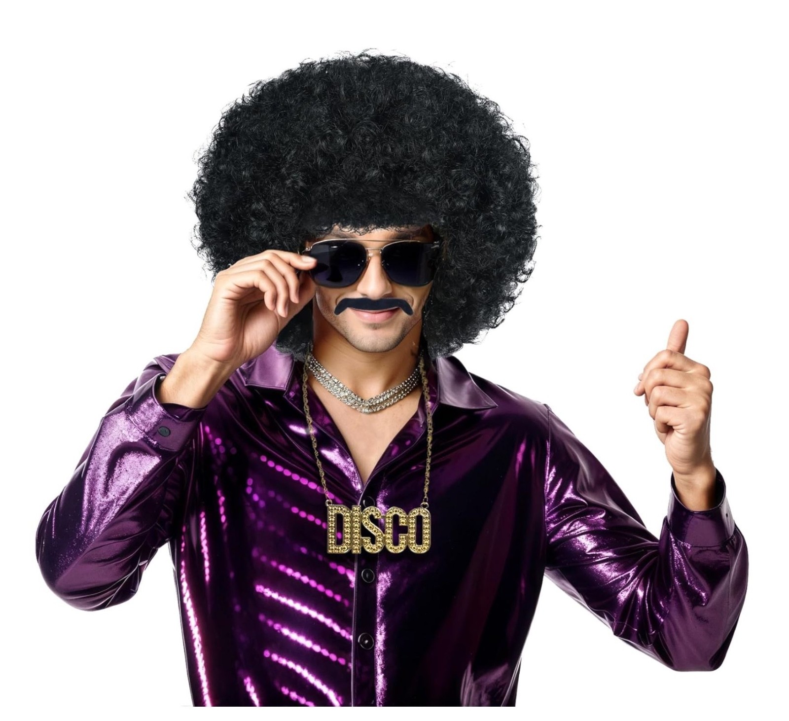 Men Women Unisex Short Curly Black Wig with Mustache Golden Necklace Glasses 60s