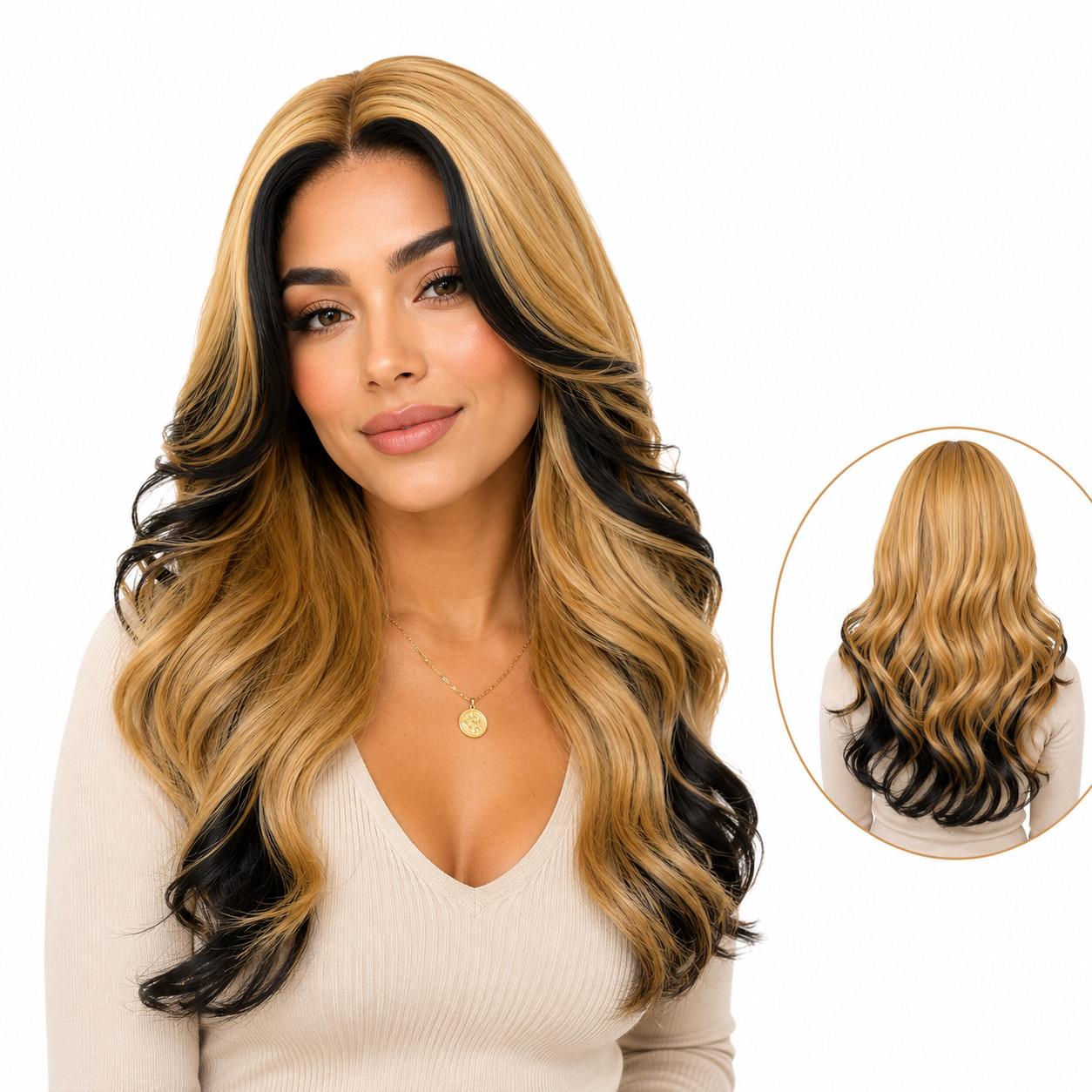 Long Wavy Blonde & Black Lace Front Wig – Pre-Plucked Natural Hairline, Heat Res