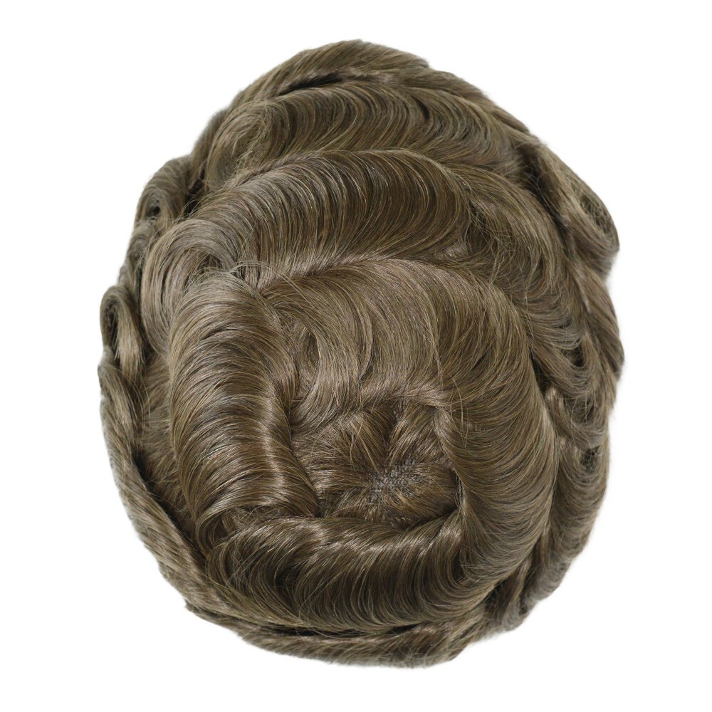 Mens Toupee French Lace Human Hair Replacement Poly System Brown Hair Pieces #6