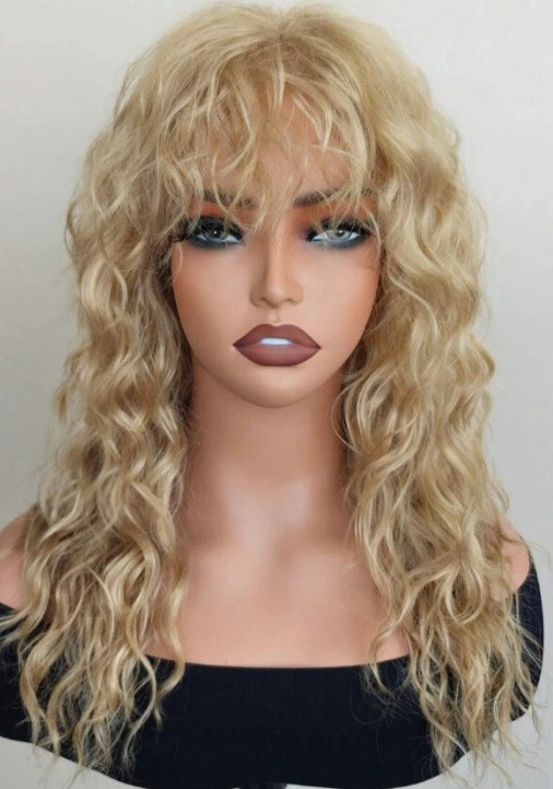 Curly Wig with Bangs for Women Long water wave Wigs with Bangs Gray Black Blonde