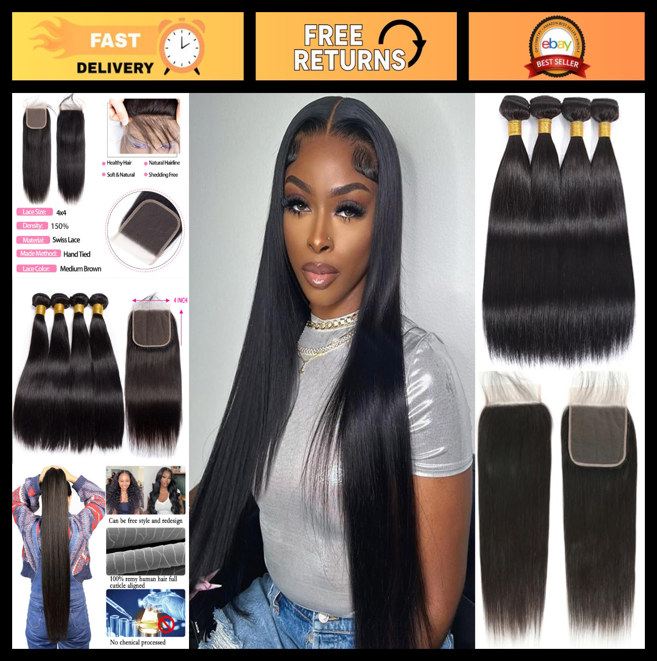 Straight Human Hair Bundles with Closure – 14-20 Inch, Pre-Plucked, Thick Weave