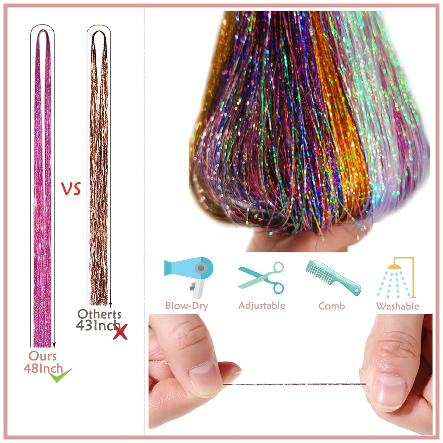 Complete Hair Tinsel Kit – 48 Inch, 9000 Strands, Colorful Hair Accessories