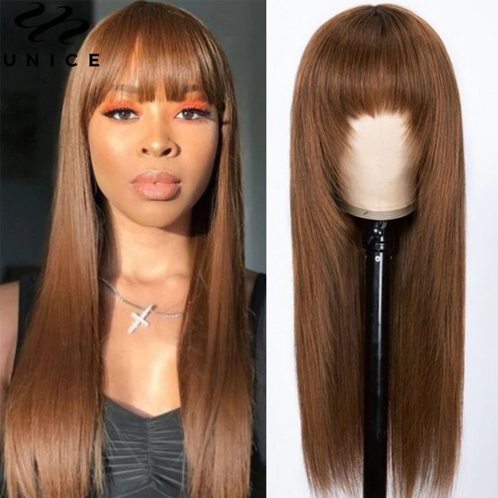 UNice Brazilian Brown Yaki Straight Human Hair Wig with Bang Lace Wigs Layer Cut