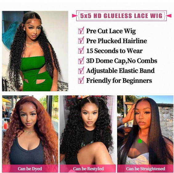 5×5 Deep Wave Transparent Lace Wigs Natural Color Quickly Put OnH uman Hair