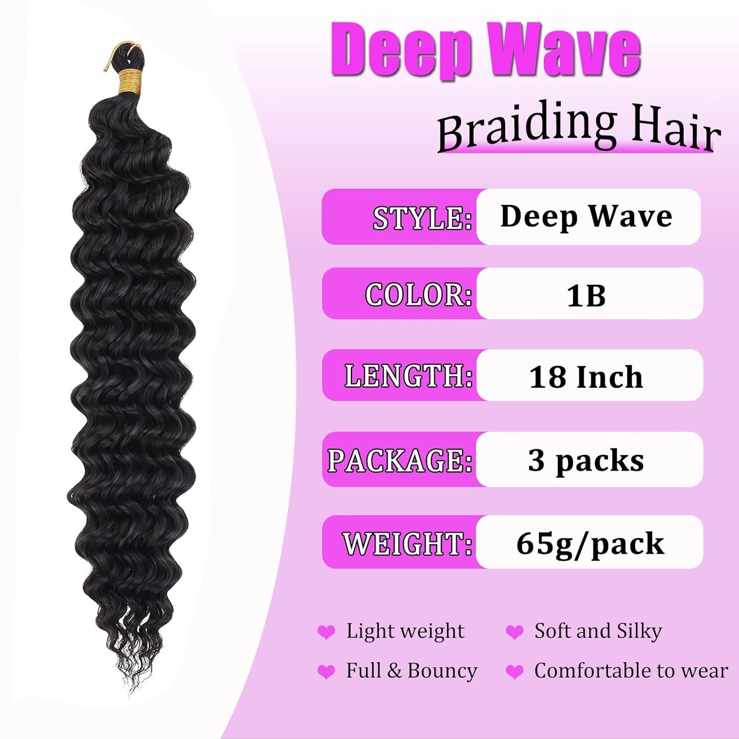 Boho Style Deep Wave Crochet Hair, 18 Inch – Soft Synthetic Hair in Black, 3 Pcs