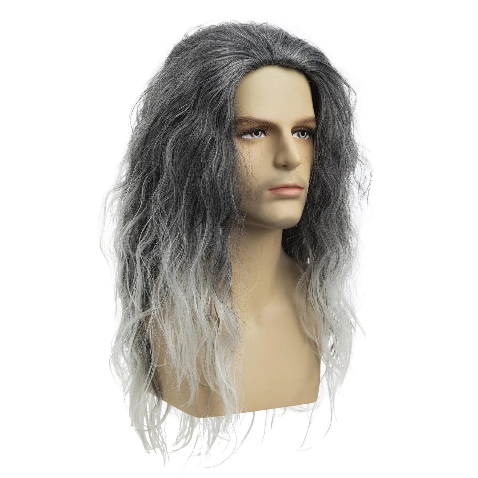 Long Curly Wavy Grey Men’s Wig Natural Party Halloween Cosplay Synthetic