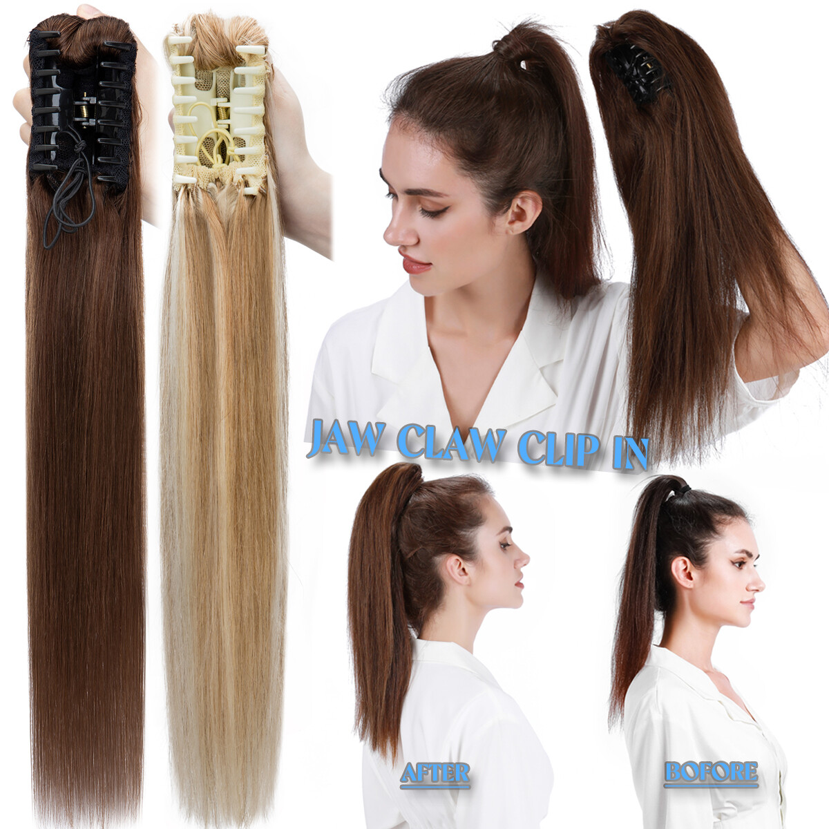 THICK Russian Real Human Hair Extensions Claw/Jaw Clip ON Ponytail Top Pony Tail