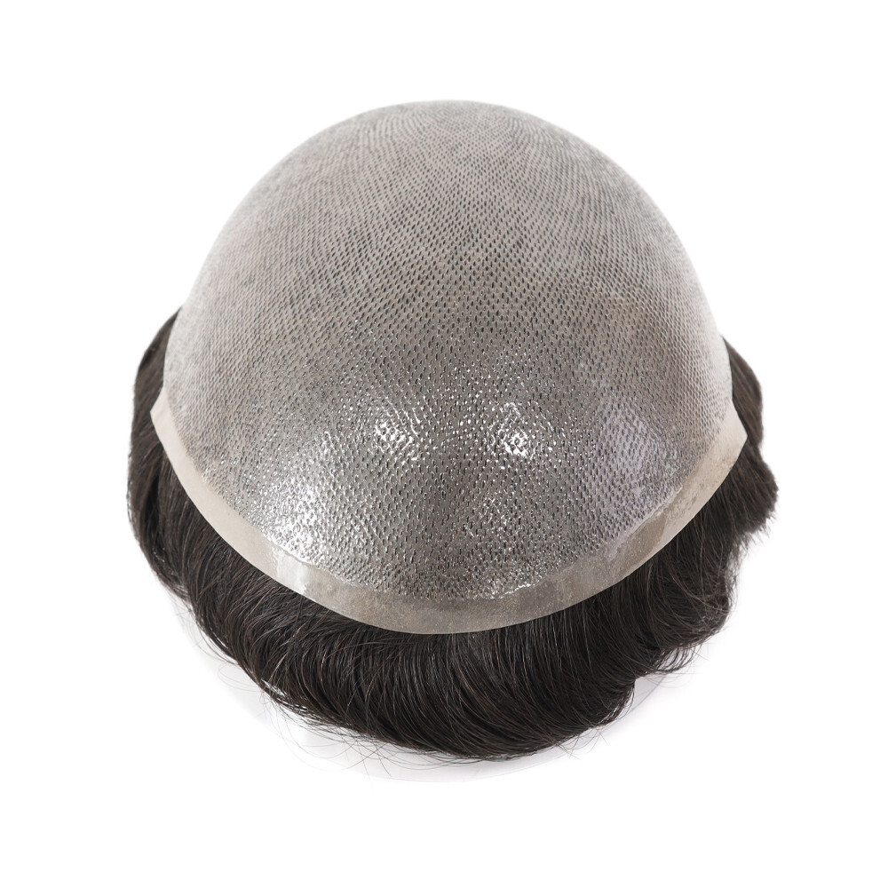 Mens Human Hair Replacement System Poly Skin Toupee Black Hair Pieces #1B 7X9