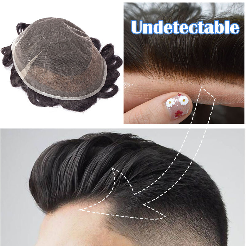 Mens Replacement System Thin Full PU Wig Frontal Toupee Topper Human Hair Gray