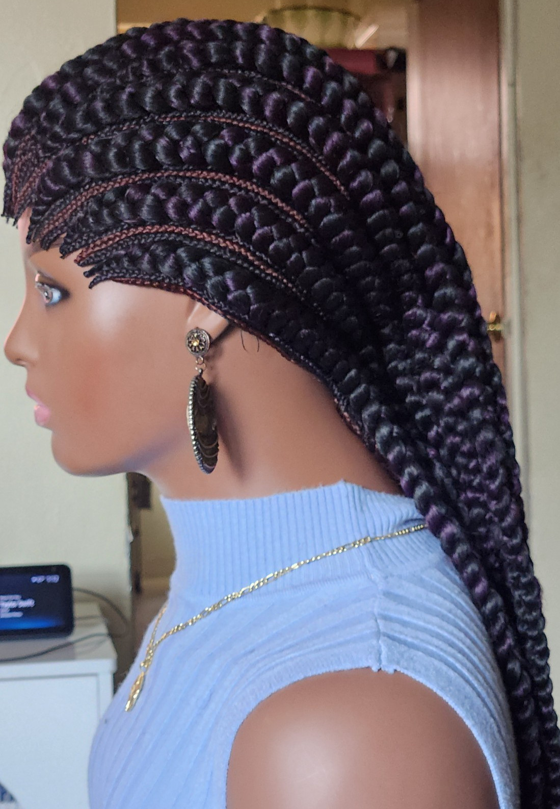 Fully hand braided Ghana banana cornrows wig Paka 1B mix dark purple/dark drown