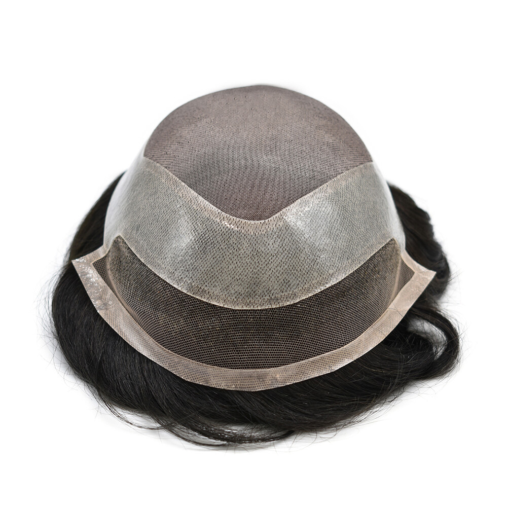 Mens Toupee French Lace Front Hair Piece System Fine Mono Poly Skin Wig for Men