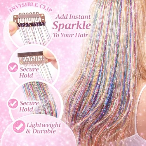 Hair Tinsel 12 Pcs Clip in Hair Tinsel Kit for Girls 22 Pink/Rainbow-12 Pcs