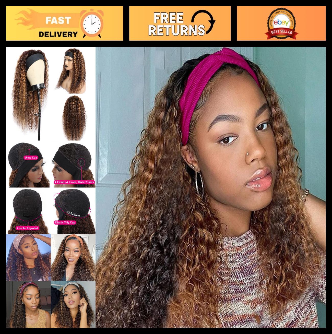 Ombre Blonde Deep Wave Headband Wig – 24″ Curly Human Hair, 150% Density for Bla