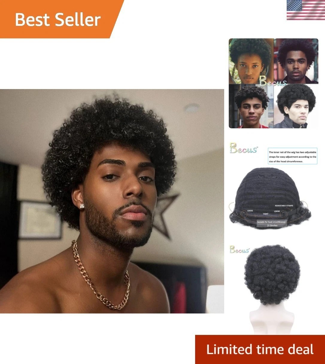 Short Afro Wig for Men – Natural Black Kinky Curly Style for Cosplay & Halloween