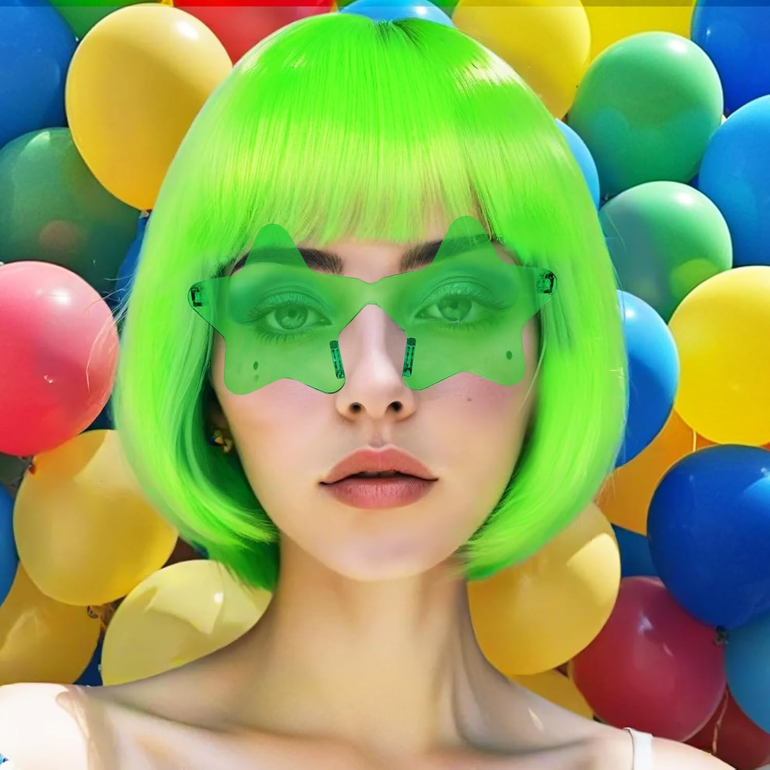 Hair Cap + (Sunglasses) Neon Green Bob Wig with Bangs Party Wig with Star Shape