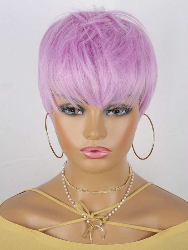 Hot Pink Short Pixie Cut Human Hair Wig No Lace Natural Wig For Black Women Soft