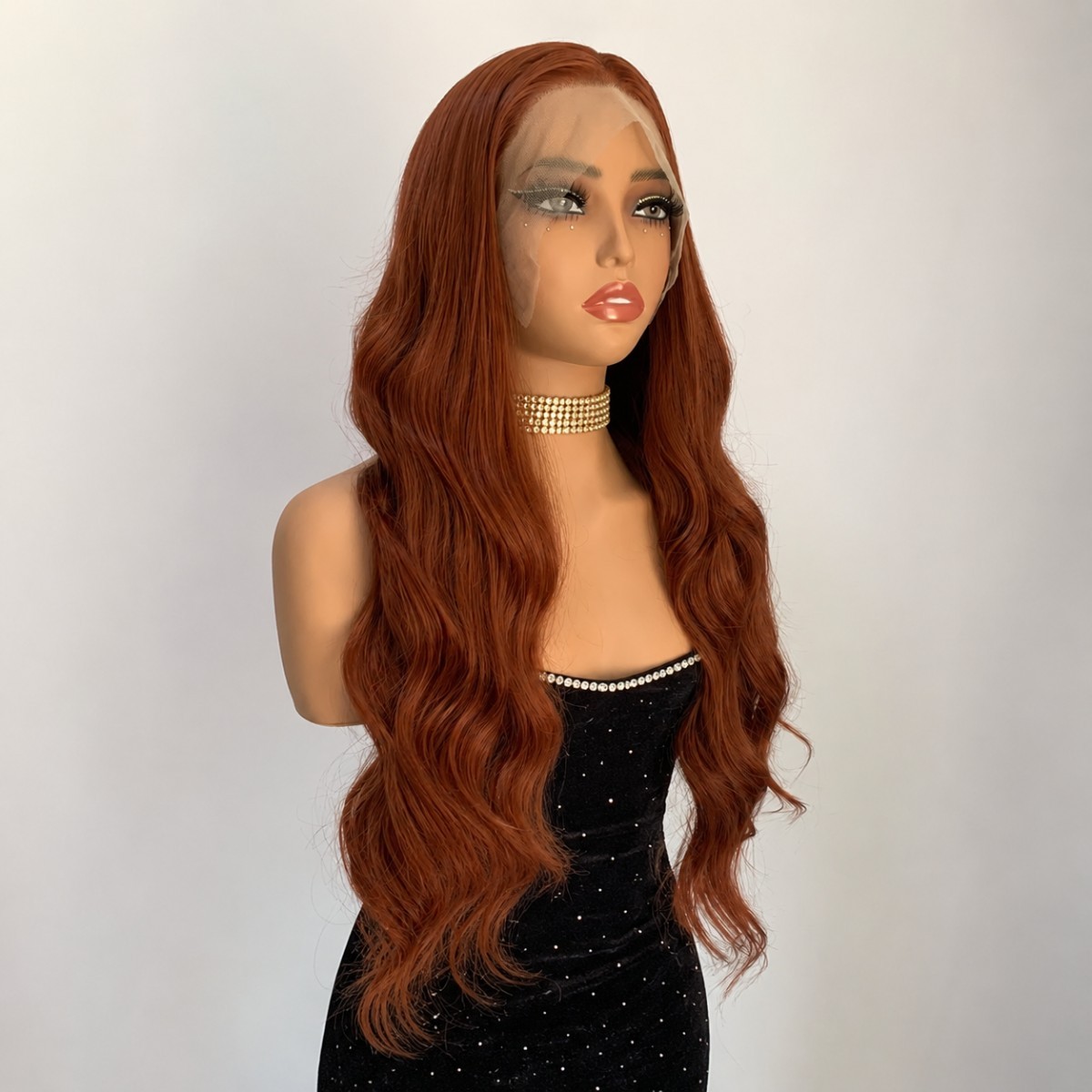 Heat Resistant Hair Layered Pre Plucked Long Wavy Lace Front Wigs Copper Red