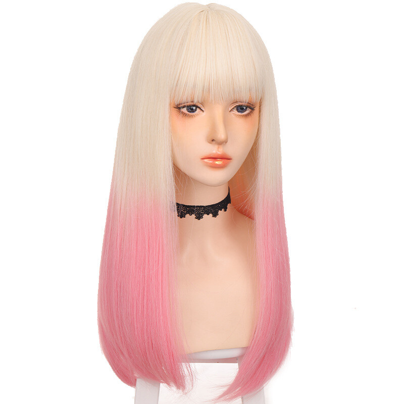 Cosplay Wig Women Straight Hair Light Gold Pink Gradient Hair Wig Lolita Wig