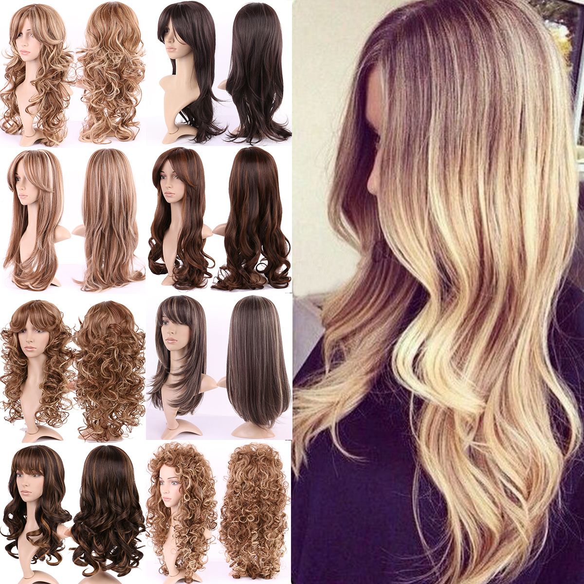 Hot Long Hair Full Wig Ombre Two Tone Heat Resistant Synthetic Fibre Wigs Thick