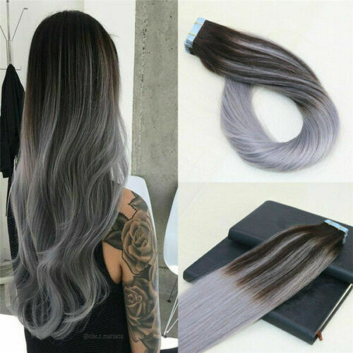 12AA RUSSIAN TAPE IN HAIR Extensions 1B/GREY# BALAYAGE OMBRE 40Pcs 100g STRAIGHT